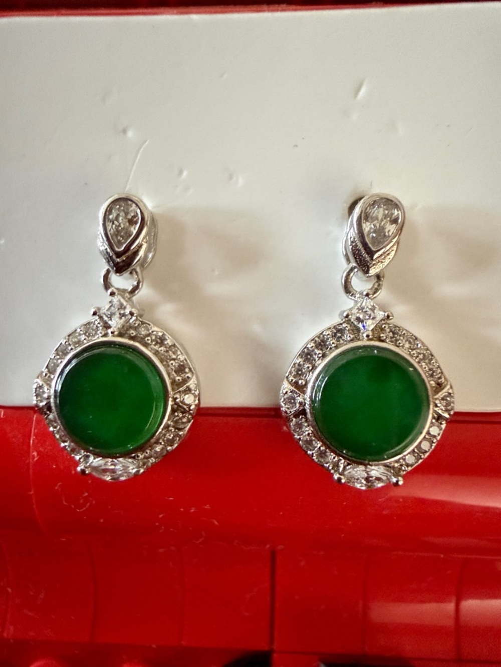 Silver Drop Earrings with Green Burmese Jade Accent
